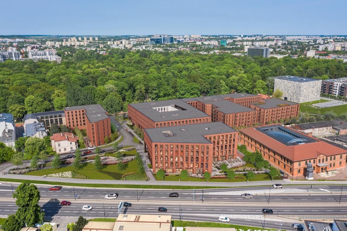Widok z góry na panoramę miasta, ulice, budynki, drzewa