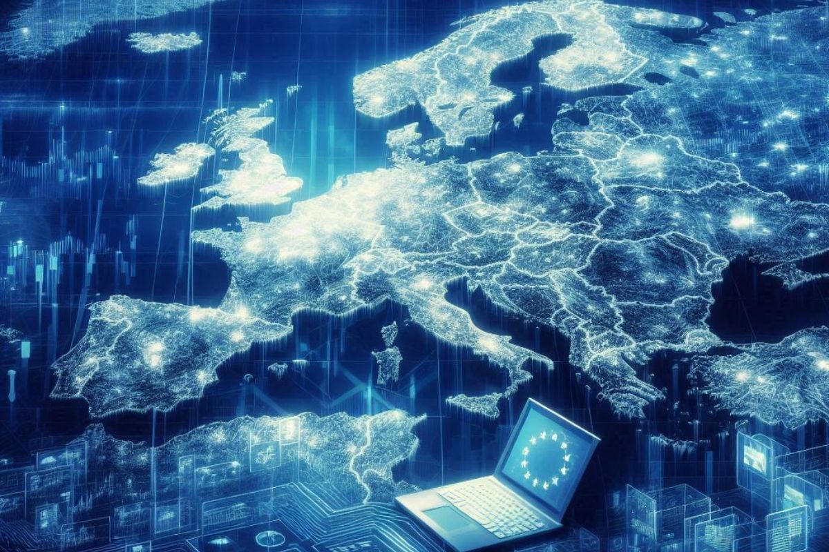 Wizualizacja Europy oświetlonej przez wizję sieci cyfrowej i laptop z przodu