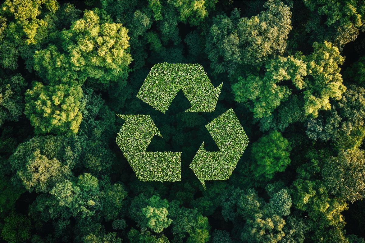 Widok z góry na las, a pośrodku wizualizacja trzech strzałek skierowanych po trójkącie