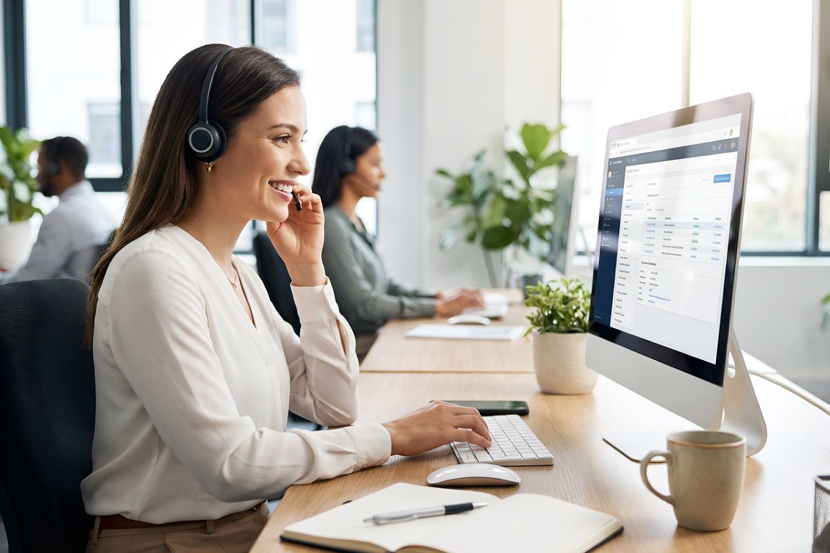 Uśmiechnięta kobiet w słuchawkach siedząca przy biurku z monitorem