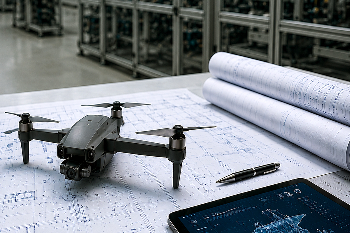 Na stole w pomieszczeniu technicznym rozłożone dokumenty i mapy, na których leży dron