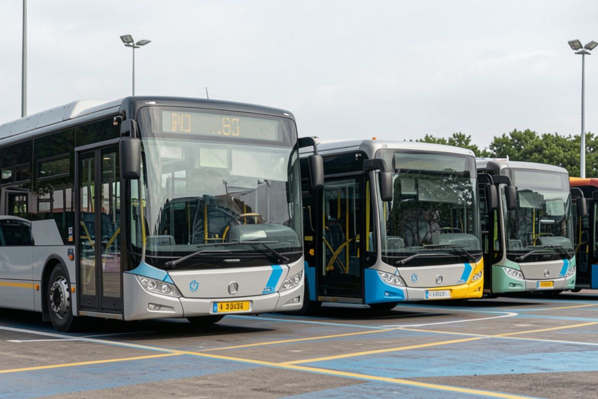 Autobusy miejskie stojące obok siebie na parkingu