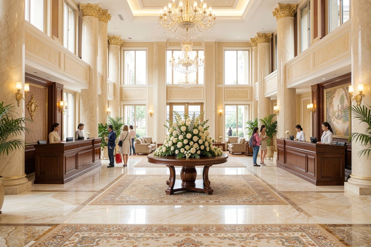 Duży hol w hotelu, po bokach recepcje, na środku stół z kwiatami