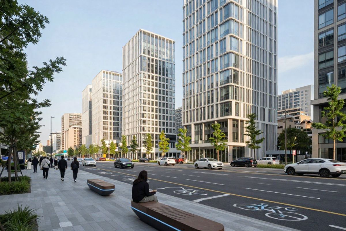 Widok na ulicę miasta, z przodu chodnik z ławkami, w tle budynki nowoczesne