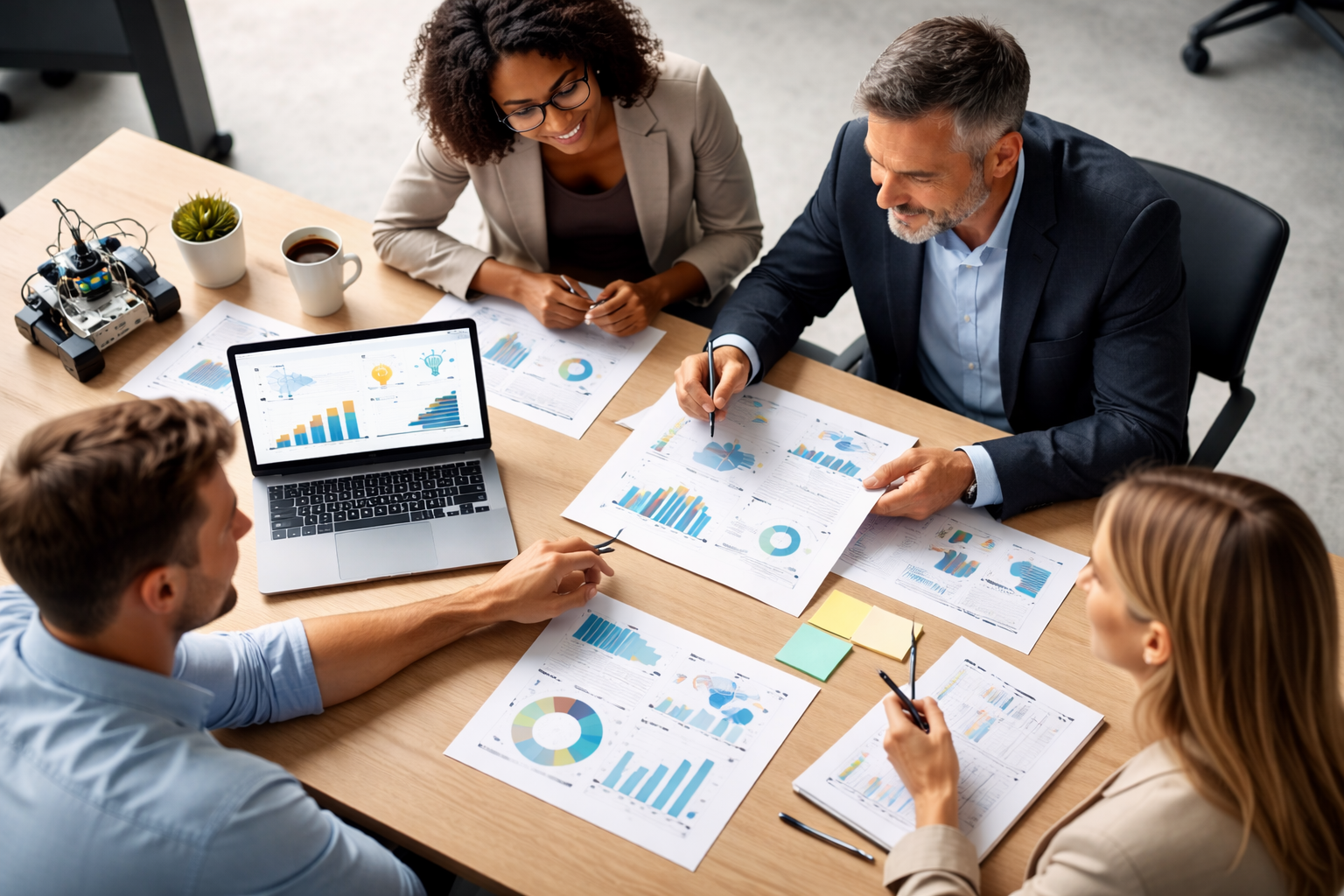 widok na ludzi z góry siedzących przy stole analizującymi wykresy