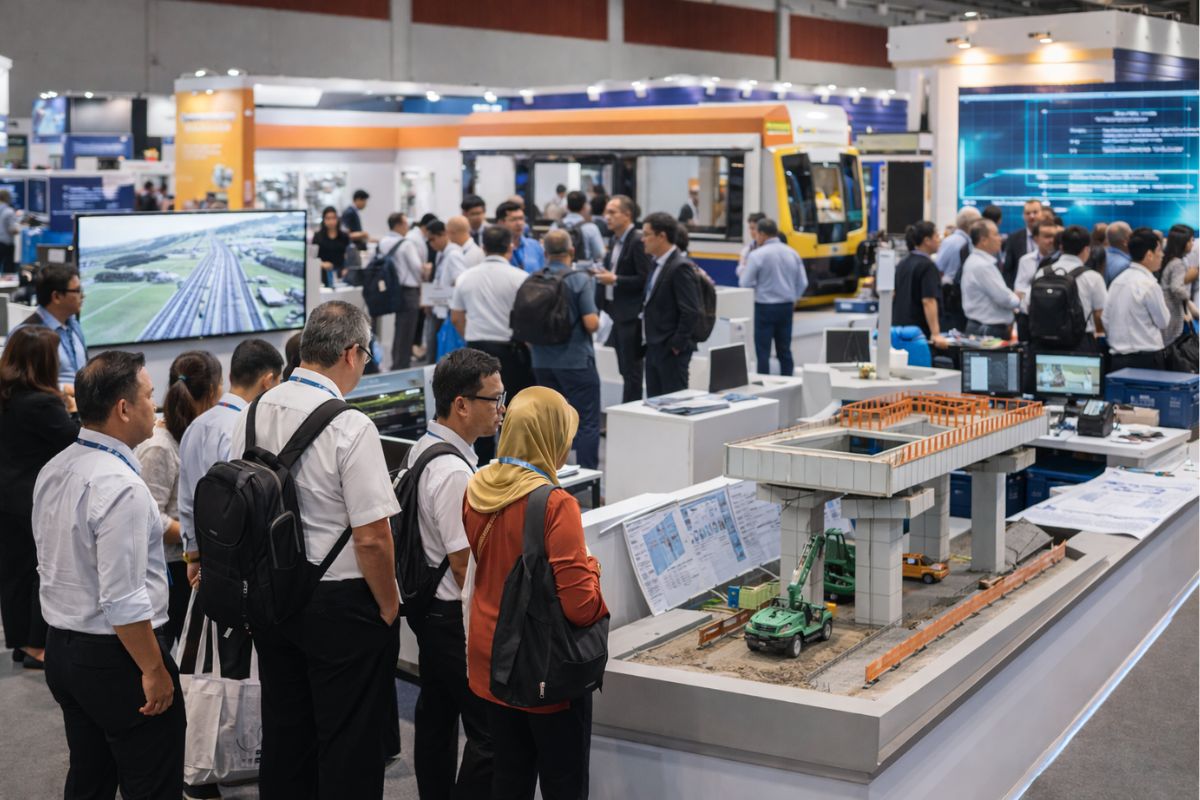 ludzie przy stoiskach na targach