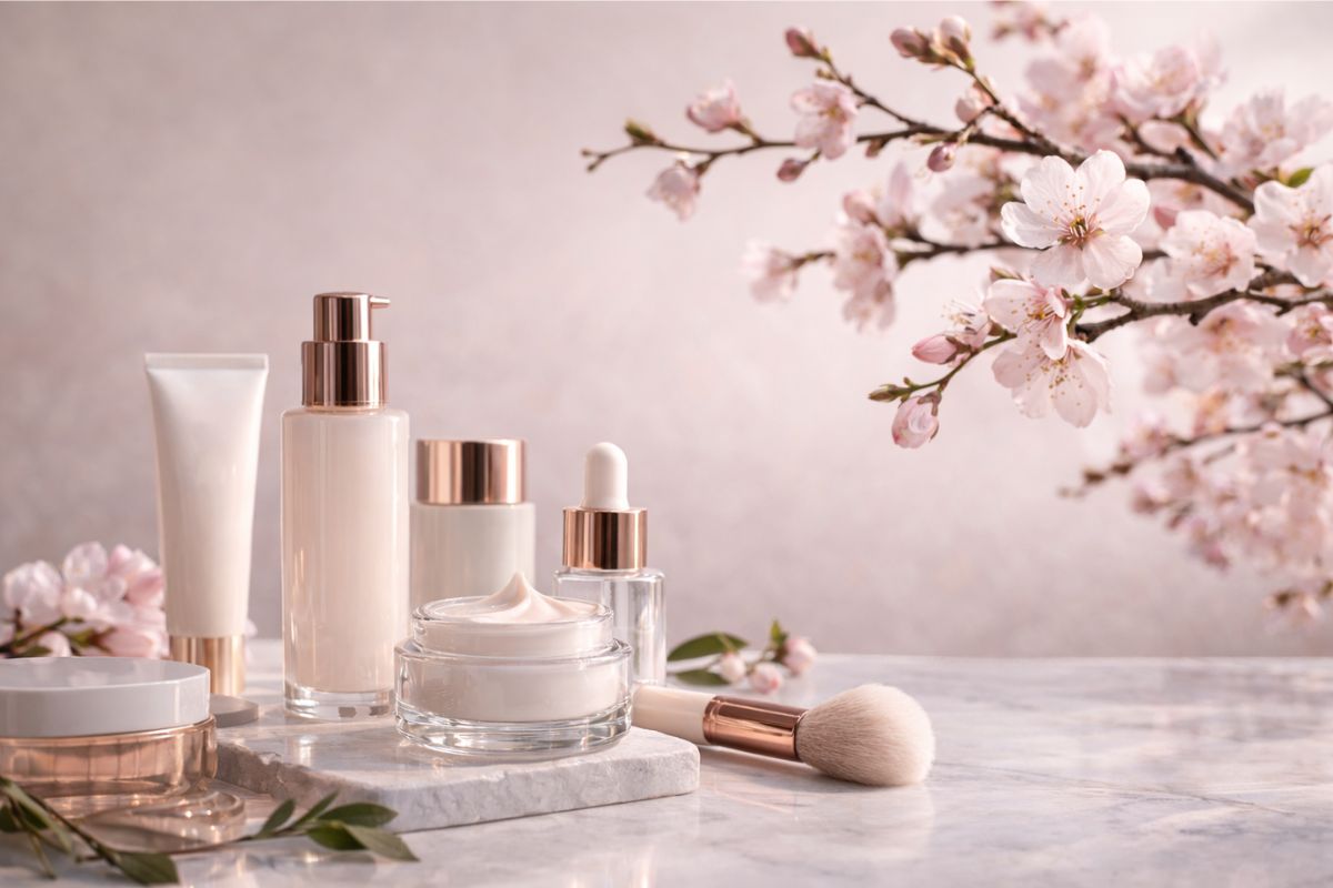 kosmetyki wyłożone na stole, w tle gałązka drzewa wiśniowego
